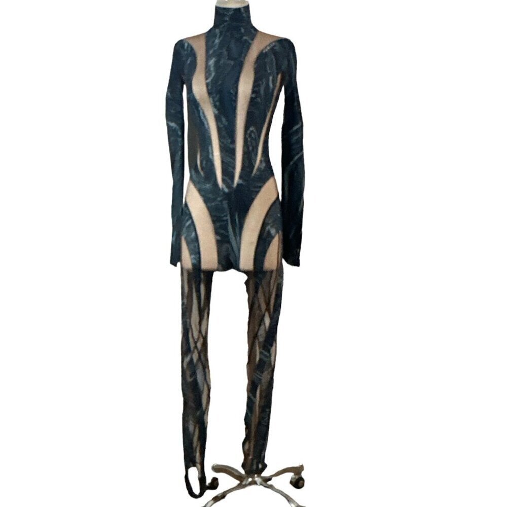 MUGLER Womens Long Sleeve Jumpsuit in Warped Snake Black Nude 34 New Catsuit - Picture 6 of 16